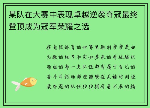 某队在大赛中表现卓越逆袭夺冠最终登顶成为冠军荣耀之选 某队在大赛中表现卓越逆袭夺冠最终登顶成为冠军荣耀之选