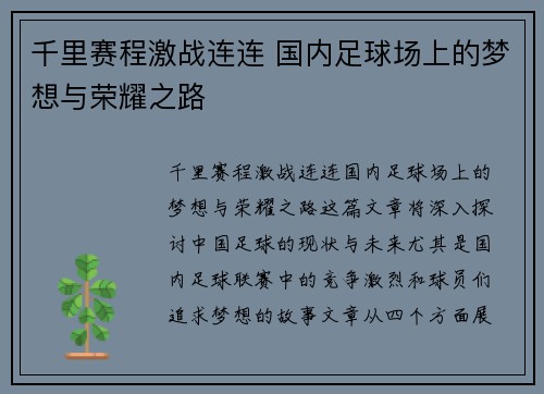 千里赛程激战连连 国内足球场上的梦想与荣耀之路